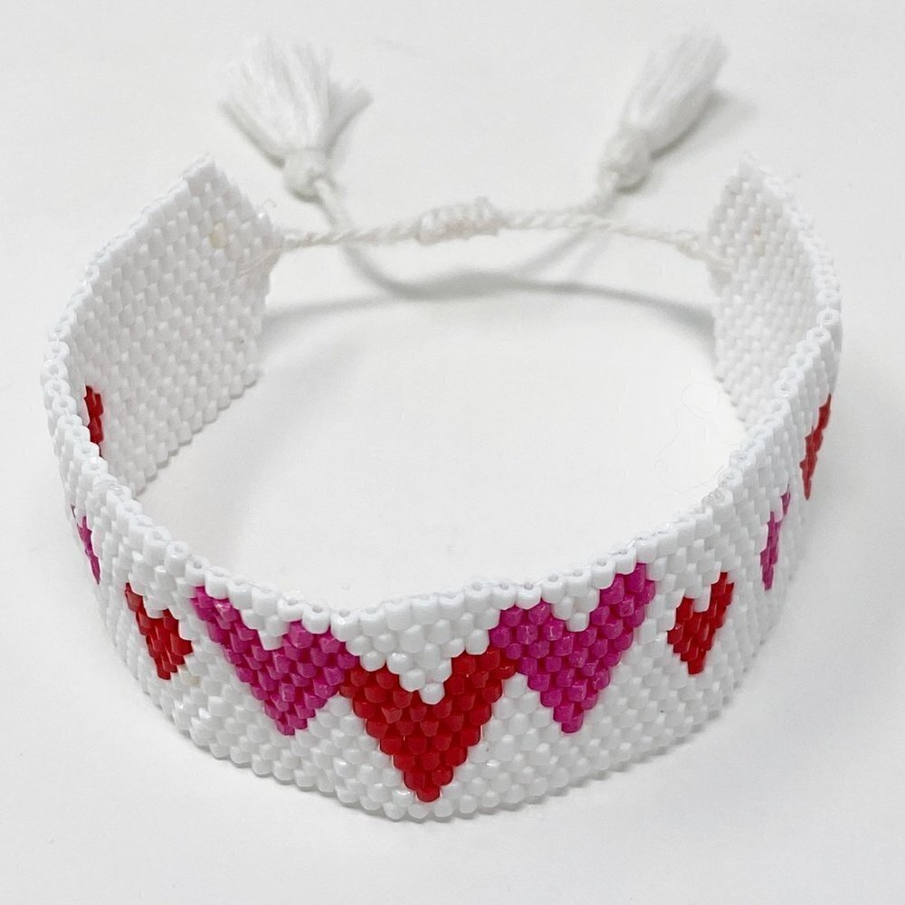White Seed Bead Adjustable Hearts Bracelet
